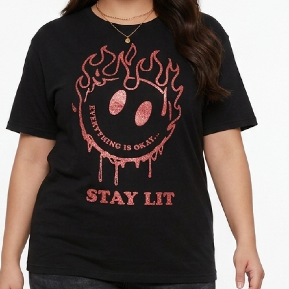 🌞Lavish Society Stay Lit Black/red Glittery Graphic Tee -Plus 2XL